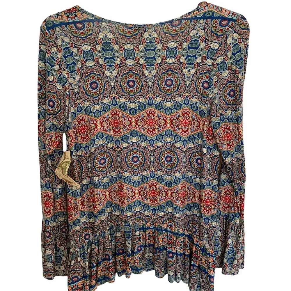 One World Multicolor Boho Print Peasant Top Petite Large NWT - Picture 4 of 6